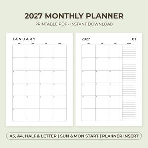 May include: A 2027 monthly planner printable PDF featuring a two-page January calendar layout. The white pages display black text and grid lines, with days of the week, a notes section, and the year 2027 clearly printed at the top.