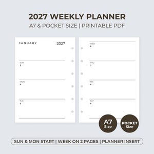 A7 Planner Inserts 2027 Dated Weekly Planner Printable Pocket Planner Inserts Week on Two Pages Full Size Weekends Sunday Monday Start