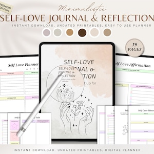 May include: A digital self-love journal and reflection planner featuring 59 pages of undated printables. The display shows a cover with line art of hands holding flowers, alongside various planner templates with sections for to-do lists and affirmations.