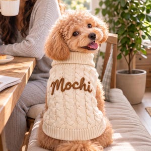 Peut inclure: Un pull pour chien en tricot torsadé de couleur crème avec un col roulé haut et un ourlet côtelé. Le mot Mochi est brodé en écriture cursive marron au centre de la poitrine. Le pull est porté par un petit chien aux poils bouclés marron clair.