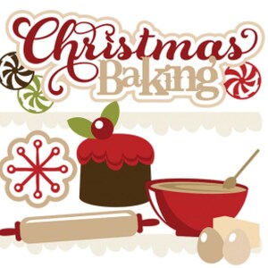 May include: Christmas Baking themed clipart with a red and white snowflake, a brown cake with red frosting and a green sprig, a rolling pin, a red bowl with a wooden spoon, a block of butter, and two eggs.