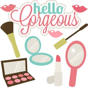 May include: A set of makeup items including a makeup brush, a compact with eyeshadows, a lipstick, a mascara, a compact mirror, and a hand mirror. The text "hello gorgeous" is written in pink and blue letters.