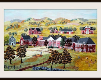 Colorful and Whimsical Folk Art Print the  of the  "Pomfret Prep"  school  in Pomfret, CT