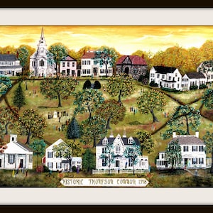 May include: A painting depicting a historic town square with a church, houses, and trees. The scene is set in the fall with colorful foliage. The text "Historic Thompson Common 1948" is visible at the bottom of the painting.