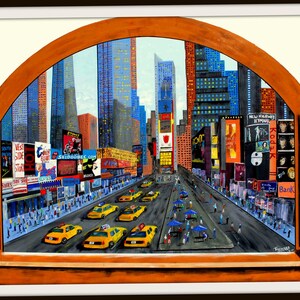 Colorful and Whimsical Folk Art Giclee Print from a painting titled &quot;Times Square, NYC&quot;.  by artist Tom Menard