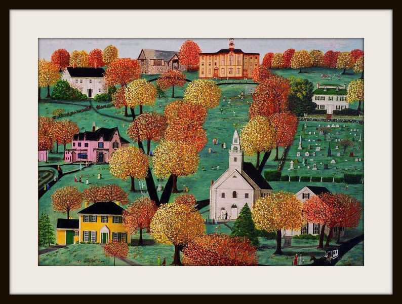 Colorful and Whimsical Folk Art Print of the Woodstock Common | Etsy