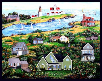 Colorful and Whimsical Folk Art Print of Life by the Sea in Rhode Island