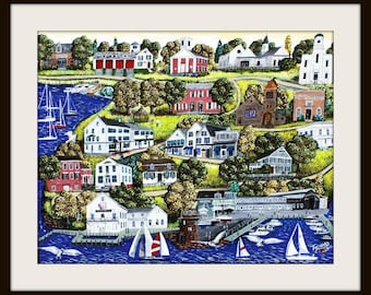 Colorful and Whimsical Folk Art Giclee Print of Essex CT.   by artist Tom Menard