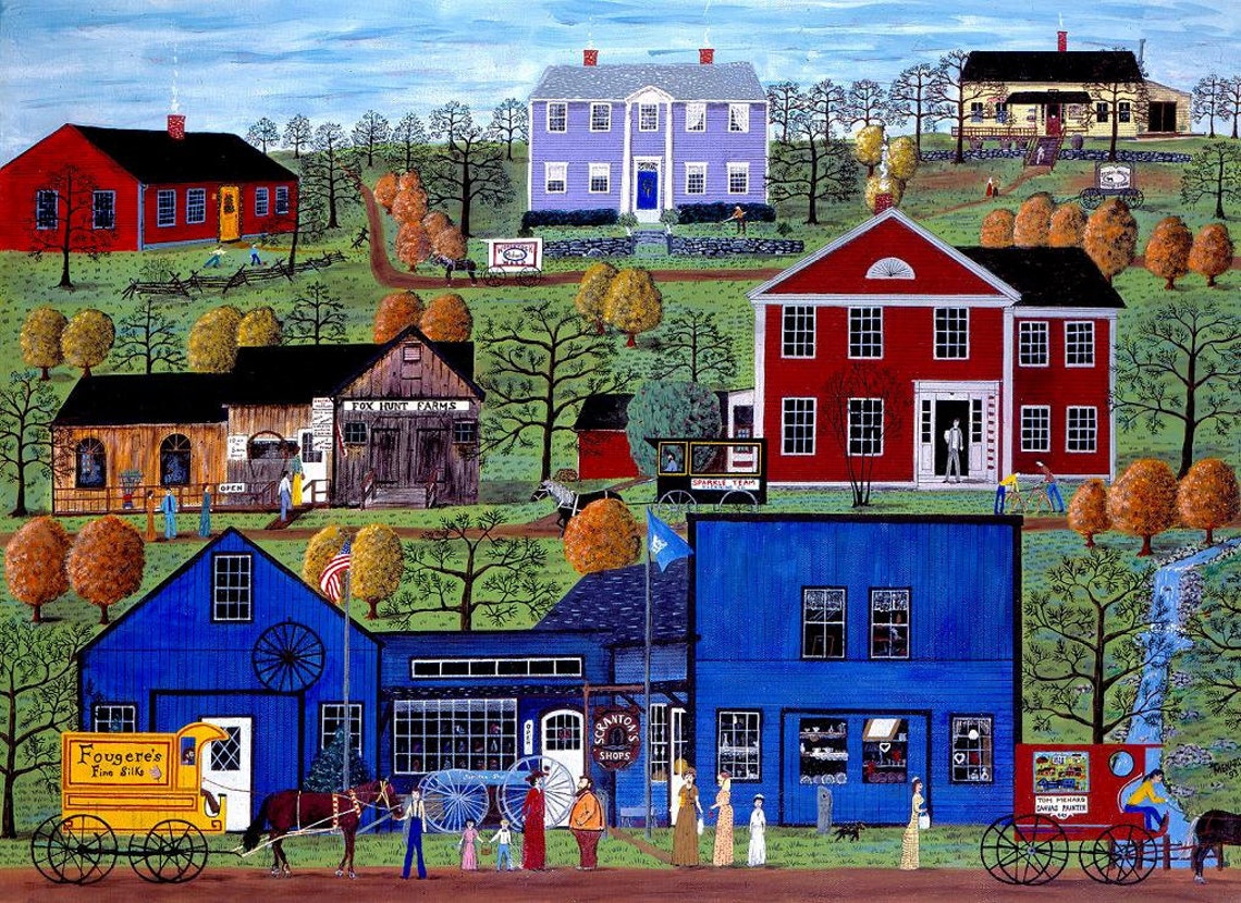 Colorful and Whimsical Folk Art Print of Antique Shops in Etsy