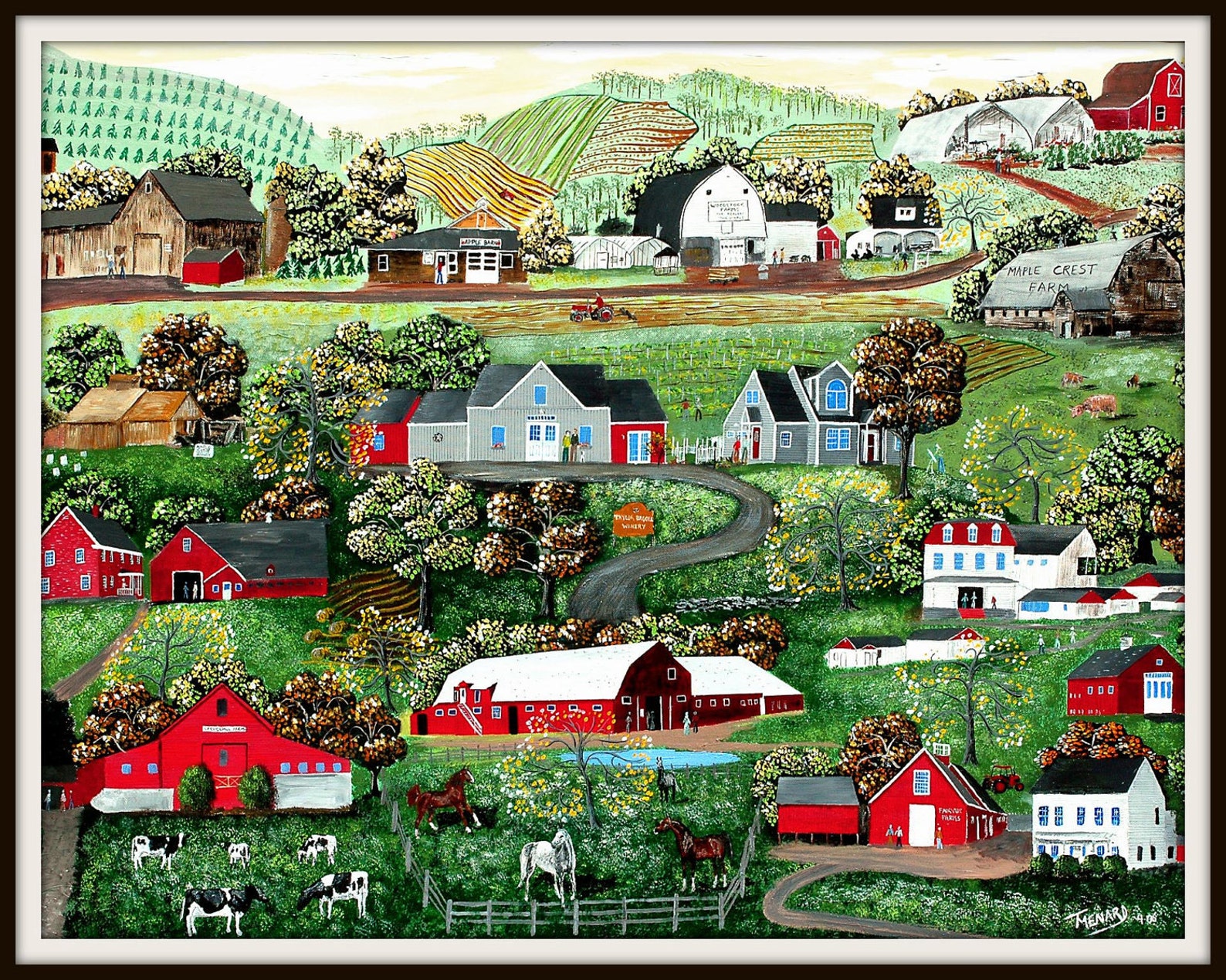 Colorful and Whimsical Folk Art Print of celebrating Agriculture in Woodstock, CT. Wine Label