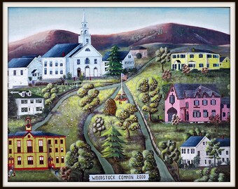 Colorful and Whimsical Folk Art Print of Woodstock Common, CT. Used for Wine label design. artist Tom Menard