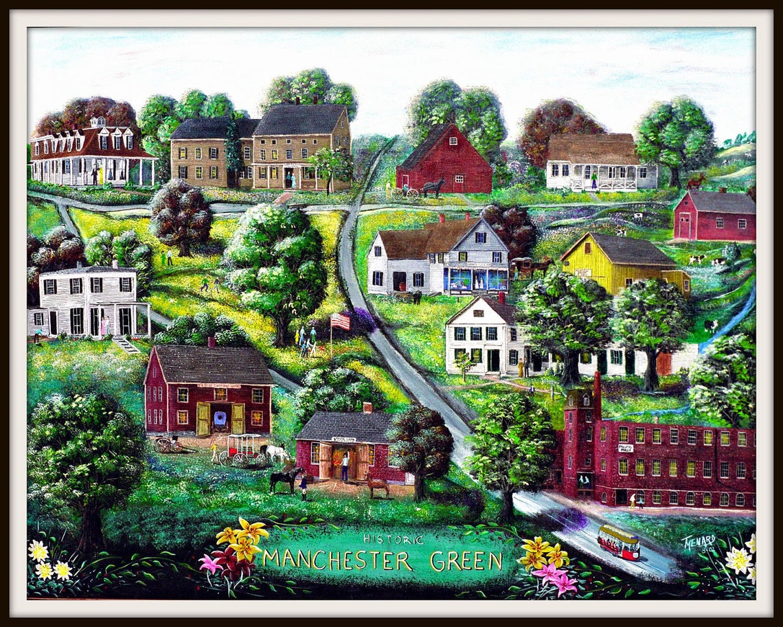 Colorful and Whimsical Folk Art Print the Town of manchester, Ct a Small New England Town, Phone