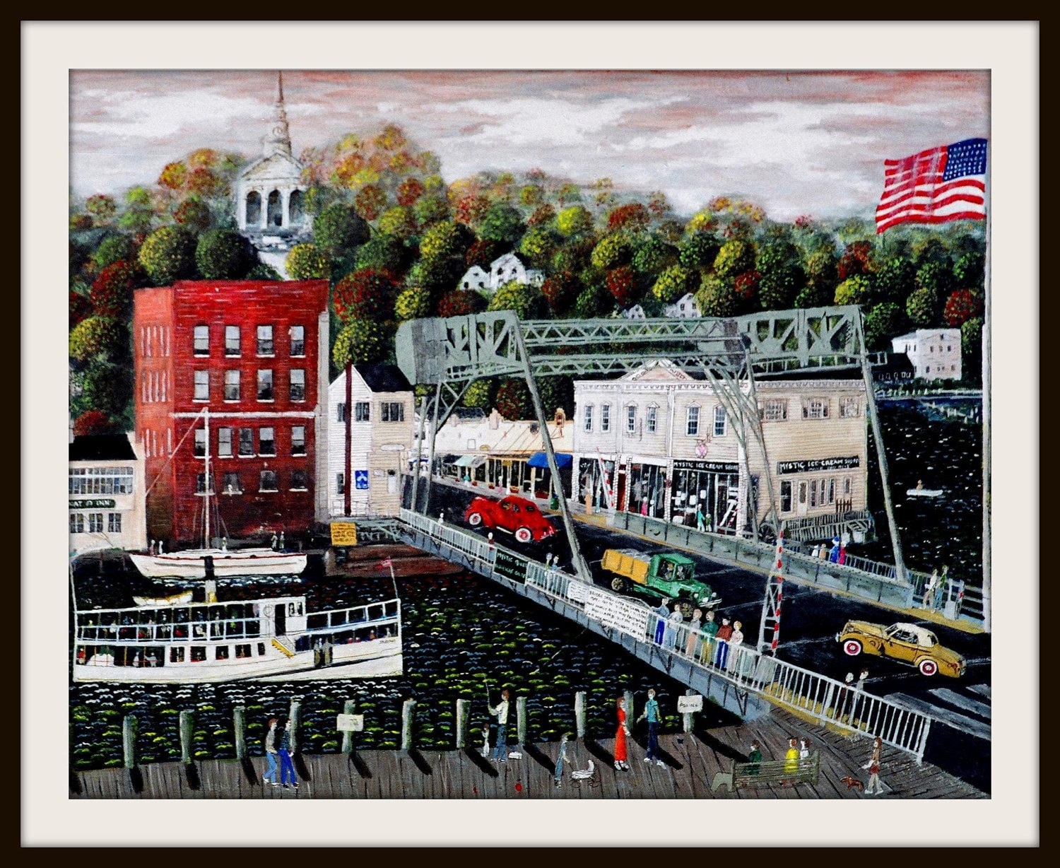 Colorful and Whimsical Folk Art Giclee Print of Mystic, CT. by Artist