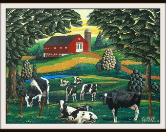 Colorful and Whimsical Folk Art Print of  barn/cows in Woodstock, CT by artist Tom Menard "Lazy Grazin"