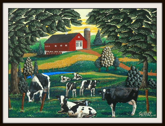 Colorful And Whimsical Folk Art Print Of Barn Cows In Etsy