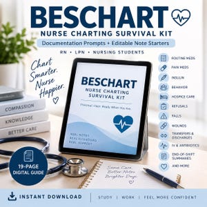 May include: A digital tablet displaying the BESCHART Nurse Charting Survival Kit, featuring documentation prompts and note starters. A stethoscope, a notebook with handwritten text, and a list of medical icons are visible on the desk.