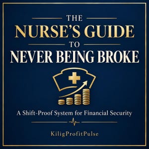 May include: A dark blue book cover with gold text reading THE NURSE'S GUIDE TO NEVER BEING BROKE. Below, a gold nurse cap icon with a plus sign and an upward trending arrow over stacks of coins. Text reads A Shift-Proof System for Financial Security.