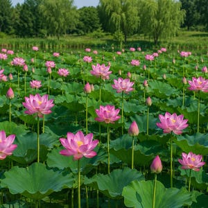 Può includere: Un vasto stagno pieno di numerosi fiori di loto rosa vibranti in vari stadi di fioritura, con grandi foglie verdi arrotondate che galleggiano sulla superficie dell'acqua e alti steli verdi che sostengono ogni fiore e bocciolo alla luce del giorno.