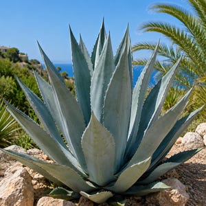 Può includere: Una grande pianta di agave con foglie spesse, appuntite e verde-blu disposte in un motivo a rosetta simmetrico. Le foglie presentano bordi seghettati affilati e una spina terminale prominente, creando una densa struttura succulenta.