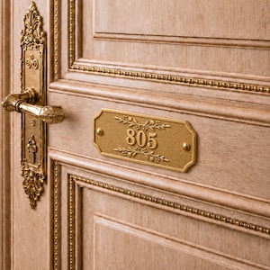 Puede incluir: Una puerta de madera marrón claro con un tirador de metal dorado ornamentado con volutas intrincadas y una placa rectangular de metal dorado que muestra el número 805, con patrones de hojas florales en relieve en los bordes.
