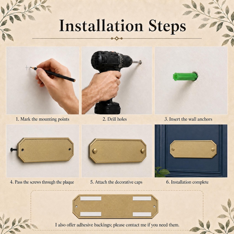 Puede incluir: Un gr&aacute;fico titulado Installation Steps que muestra seis pasos numerados para montar una placa rectangular de color lat&oacute;n. Se ilustra el marcado, la perforaci&oacute;n, la inserci&oacute;n de tacos verdes y la fijaci&oacute;n con tornillos y tapas decorativas.