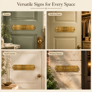 Placa personalizada de latón macizo, placa de bronce personalizada para puerta de baño, placa grabada para decoración de pared, placa de metal con nombre, regalo para ella. imagen 11