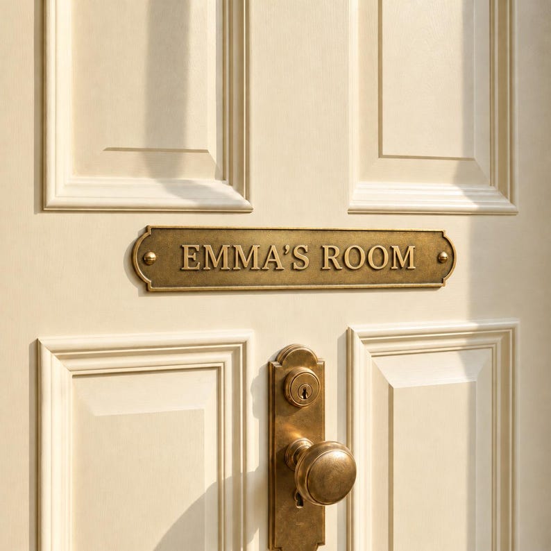 Placa personalizada de latón macizo, placa de bronce personalizada para puerta de baño, placa grabada para decoración de pared, placa de metal con nombre, regalo para ella. imagen 1