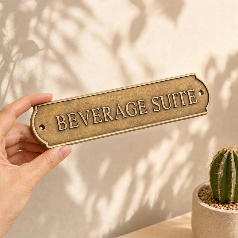 Puede incluir: Un letrero rectangular de metal en tono lat&oacute;n con esquinas redondeadas y bordes decorativos, que presenta el texto en relieve BEVERAGE SUITE en may&uacute;sculas. El letrero incluye dos peque&ntilde;os orificios circulares de montaje a los lados.