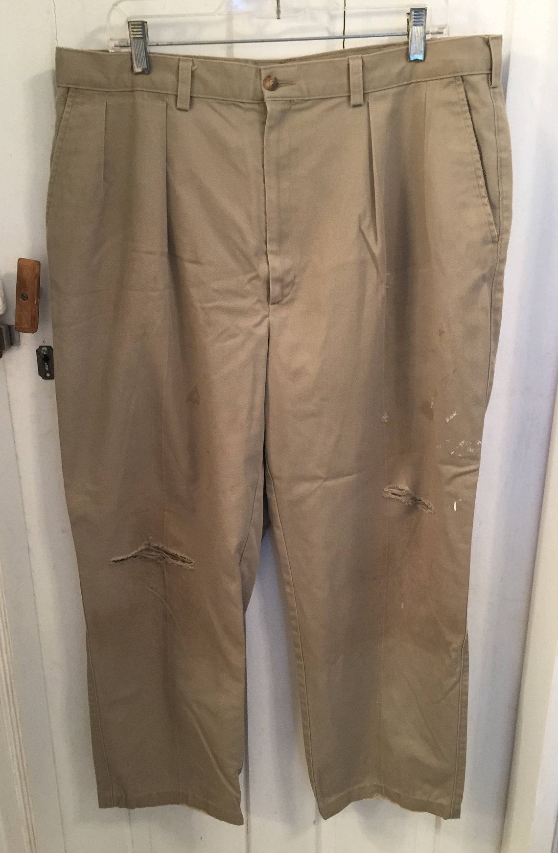 Distressed Shredded Khaki Pants Grunge Holes Stains Rips 38 X 28 Hunt
