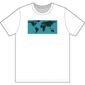 May include: A white short-sleeved t-shirt featuring a rectangular graphic on the chest. The graphic displays a dark green world map silhouette set against a solid teal background. The shirt has a standard crew neckline and short sleeves.