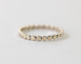 Gold hammered bead ring, dainty gold filled disc ring, pebble ring