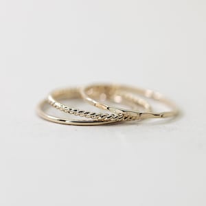 Set of 3 Thin Gold Stacking Rings, Smooth, Hammered, Twist gold filled stacking rings