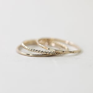 Set of 3 Thin Gold Stacking Rings, Smooth, Hammered, Twist gold filled stacking rings image 1