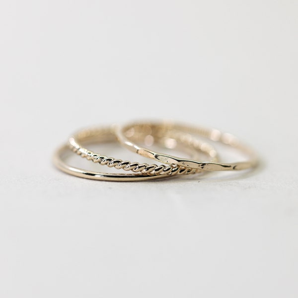 Set of 3 Thin Gold Stacking Rings, Smooth, Hammered, Twist gold filled stacking rings