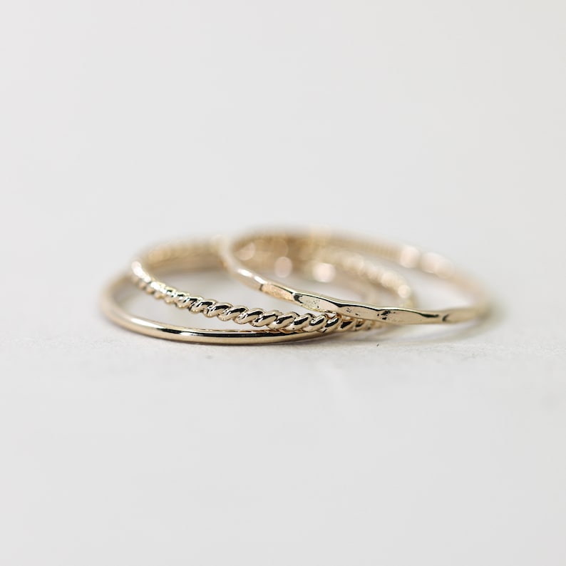 Set of 3 Thin Gold Stacking Rings, Smooth, Hammered, Twist gold filled stacking rings image 1