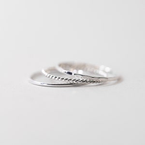 Set of 3 Thin Silver Stacking Rings, Smooth, Hammered, Twist sterling silver stacking rings