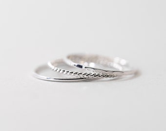 Set of 3 Thin Silver Stacking Rings, Smooth, Hammered, Twist sterling silver stacking rings