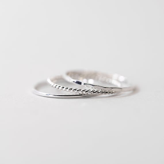 Set of 3 Thin Silver Stacking Rings, Smooth, Hammered, Twist sterling silver stacking rings