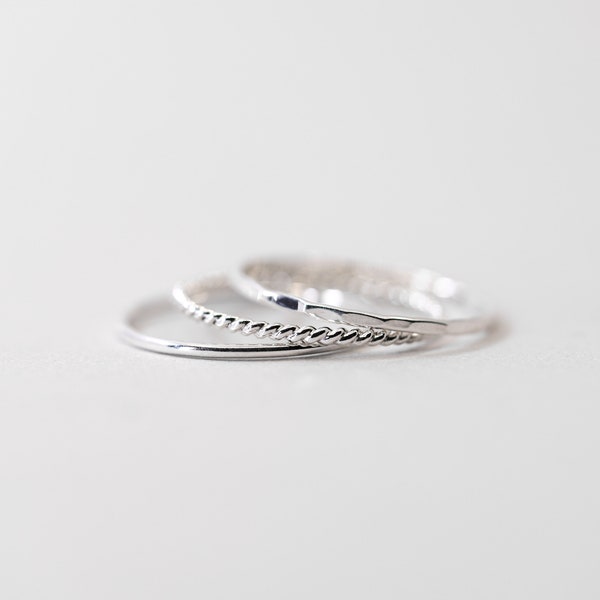 Set of 3 Thin Silver Stacking Rings, Smooth, Hammered, Twist sterling silver stacking rings