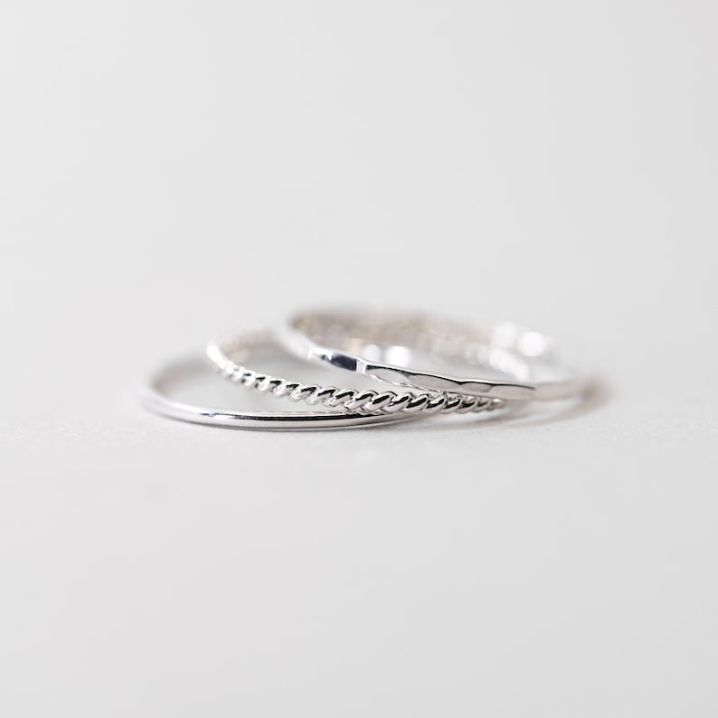 Set of 3 Thin Silver Stacking Rings, Smooth, Hammered, Twist sterling silver stacking rings image 1