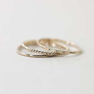 Set of 3 Thin Gold Stacking Rings, Smooth, Hammered, Twist gold filled stacking rings image 6