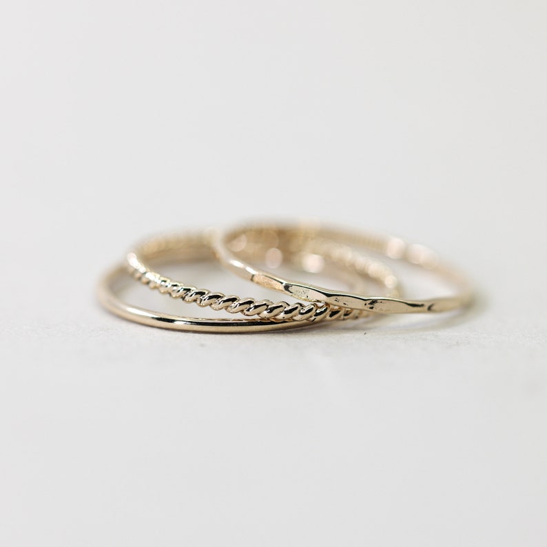 Set of 3 Thin Gold Stacking Rings, Smooth, Hammered, Twist gold filled stacking rings image 6