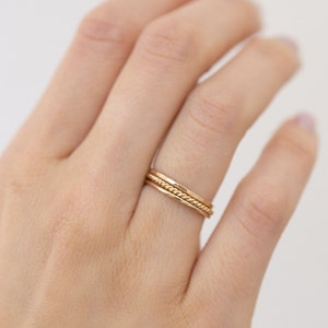 Set of 3 Thin Gold Stacking Rings, Smooth, Hammered, Twist gold filled stacking rings image 2
