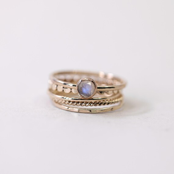 Set of 5 Gold Filled Ring Stacking Set With Rainbow Moonstone, Hammered Disc Ring, and Twist Ring, Hammered Ring, Smooth Ring in Gold Filled