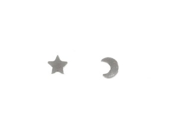 Tiny Star and Moon Stud Earrings in 925 Sterling Silver,  Gifts under 25, Moon Jewelry, Star Jewelry, Minimal Jewelry