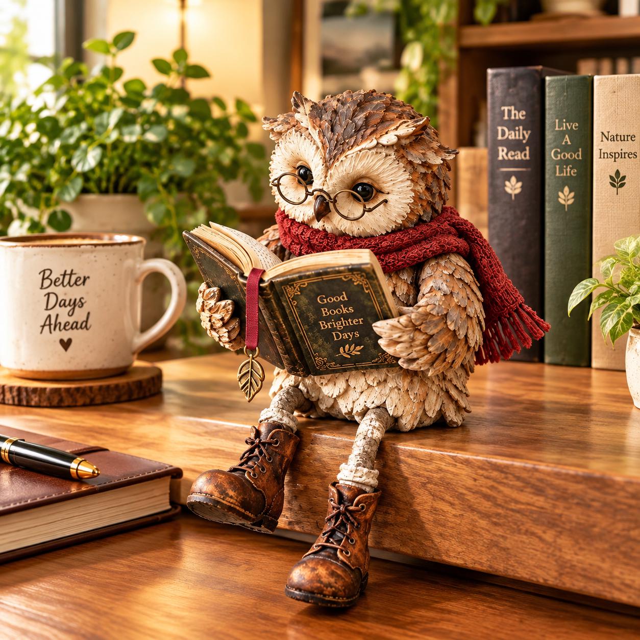 Reading Owl Figurine, Owl Statue with Glasses, Bookworm Gift for Library Study Decor