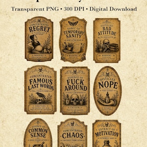 Può includere: Una collezione di 45 divertenti etichette da speziale vintage presentate come download digitale. Le etichette presentano disegni ornati color seppia con testi umoristici come Concentrated Regret, Tonic of Temporary Sanity e Essence of Fuck Around.