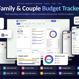 Family & Couple Budget Tracker, Monthly Expense Planner (Excel, PDF, CSV)