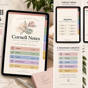 May include: A digital study notebook titled Cornell Notes High School Edition displayed on a tablet screen. The interface features a subject menu with Algebra, Biology, English, World History, and Spanish, each with 8 pages and hyperlinked navigation.