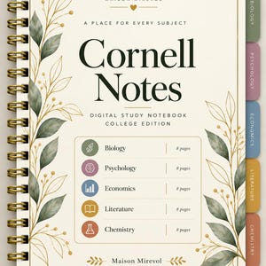 Op de afbeelding: Een spiraalgebonden Cornell Notes digitaal studienotitieboek met een crèmekleurige kaft, gouden ringband en botanische bladillustraties. De kaft bevat de tekst Maison Mirevol, Cornell Notes, en een lijst met vakken zoals Biology, Psychology, Economics, Literature en Chemistry met bijbehorende gekleurde tabbladen.